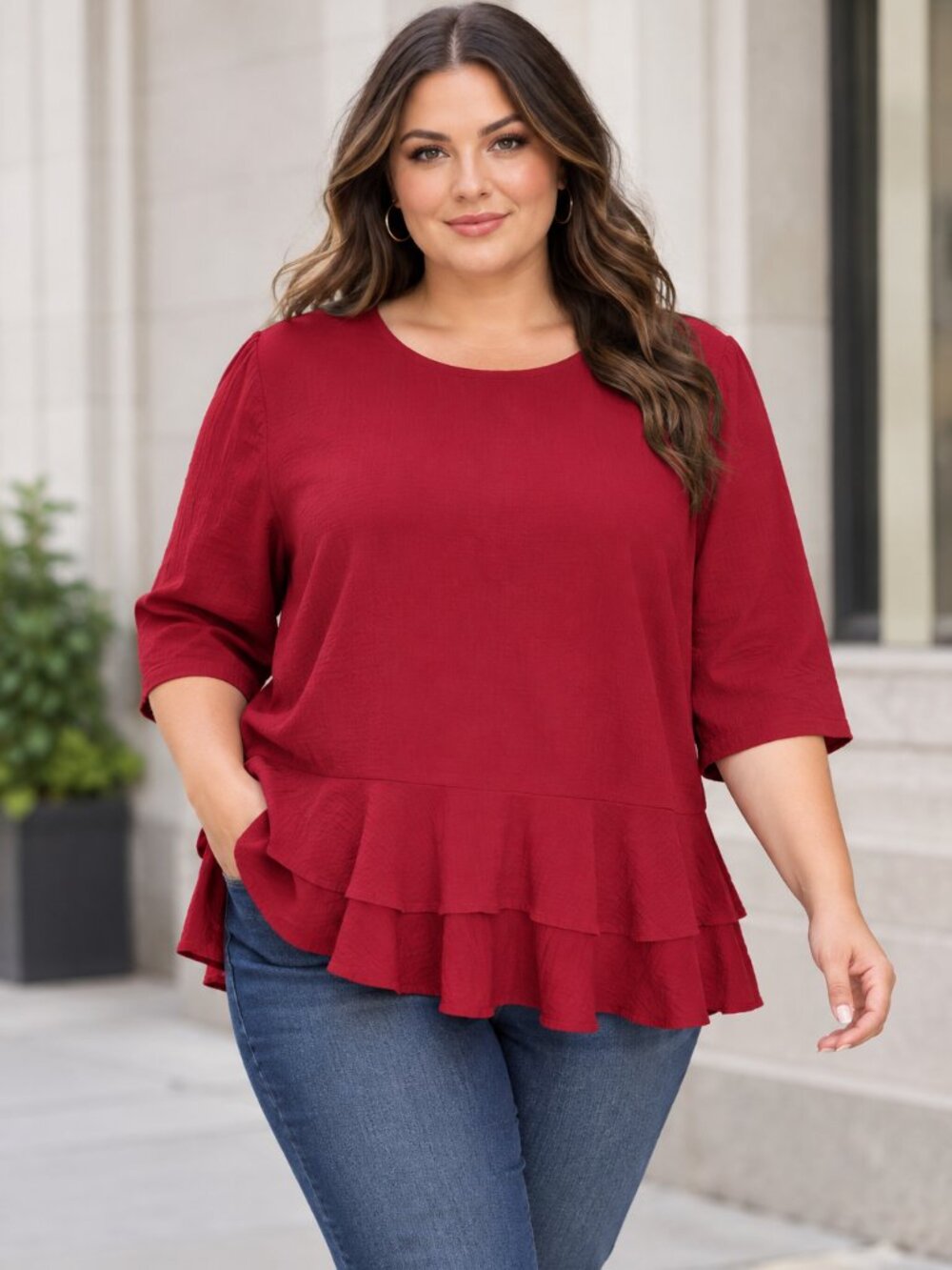 Womens Red Boxy Peplum Top Plus Size 20 Crinkle Casual Minimalist Contemporary